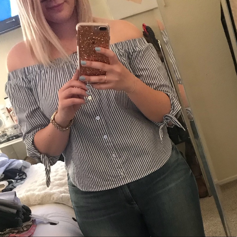 Blue and White Striped Off the Shoulder top